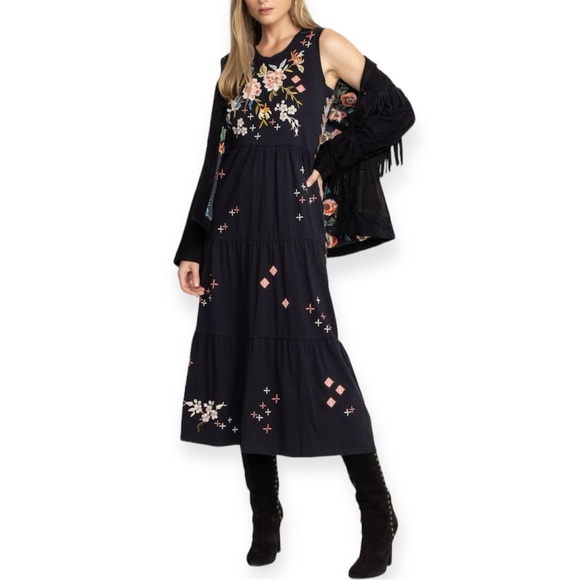 JOHNNY WAS Ceretti Dress Tiered Maxi Tank Dress Black Floral Embroidery NWT - Picture 1 of 10